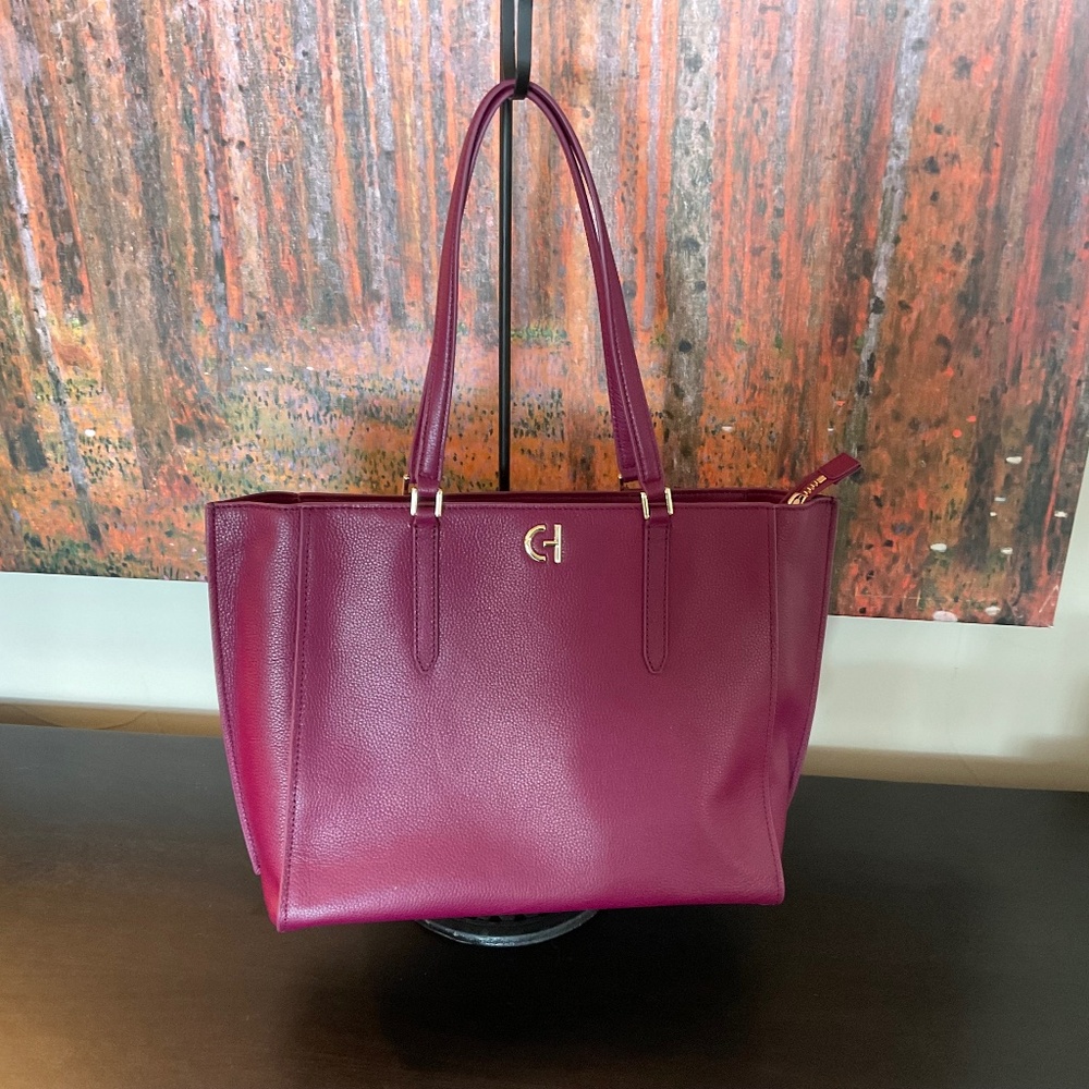 COLE HAAN Go To Large Tote Purple/Pink/Burgundy Leather Top Zip Side Pocket